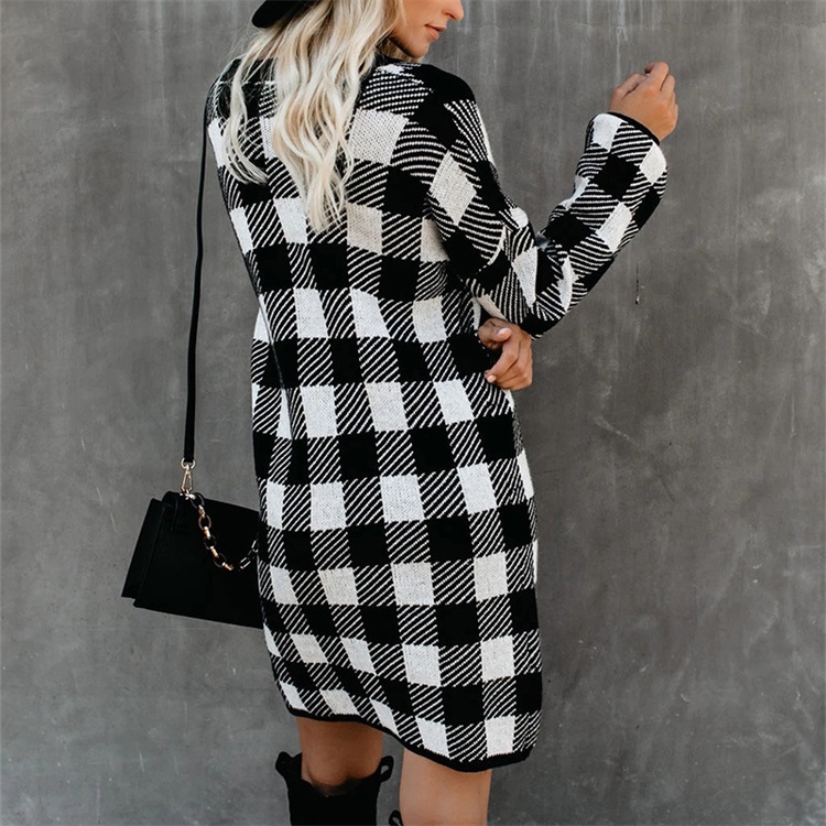 Retro Houndstooth Long Sleeve Women Knitted Sweater Dress