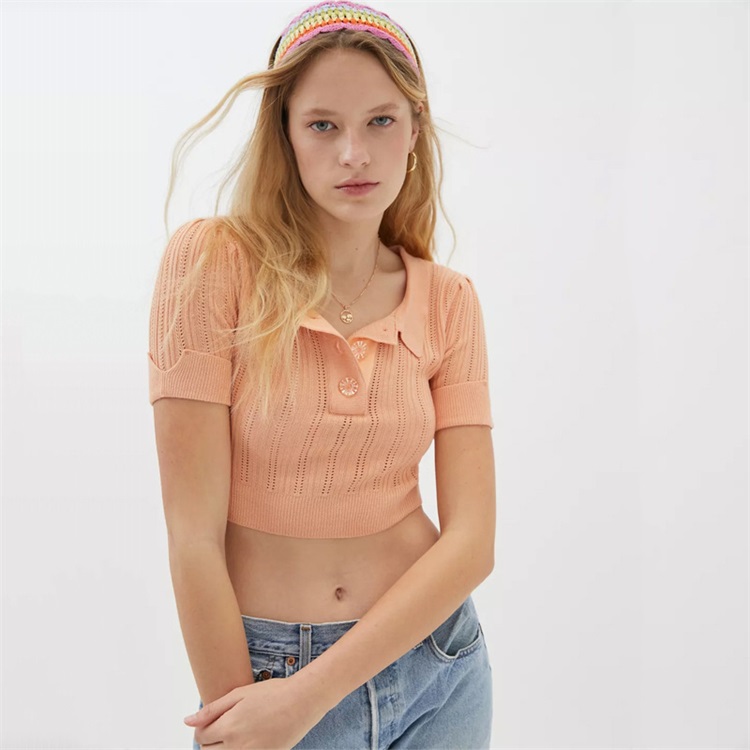 Polo Neck Short Sleeve Knitted Crop Top Sweater