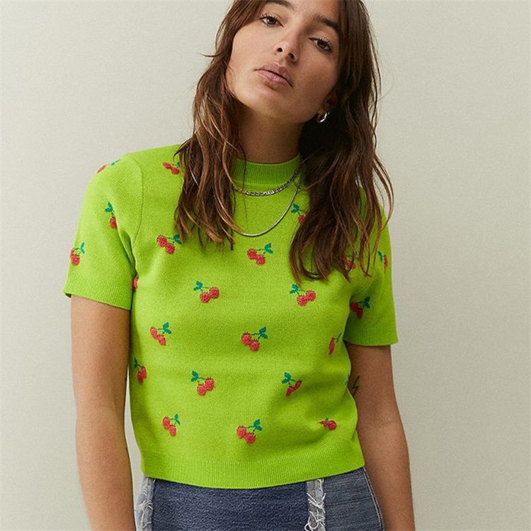 Embroidery Cherry Knitted Crop Top Short Sleeve Sweater Women