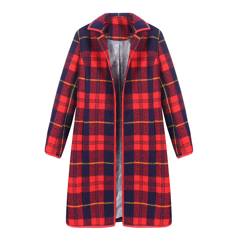 High Quality Women's Winter Wool Blend Red Plaid Coats With Lapel Collar And Adjustable Belt